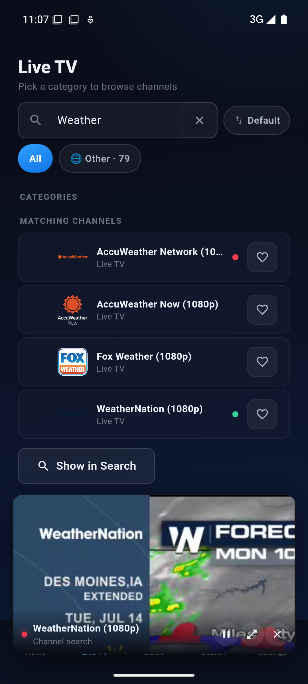 Cobalt playing a live channel in a docked mini-player while the channel list stays open.