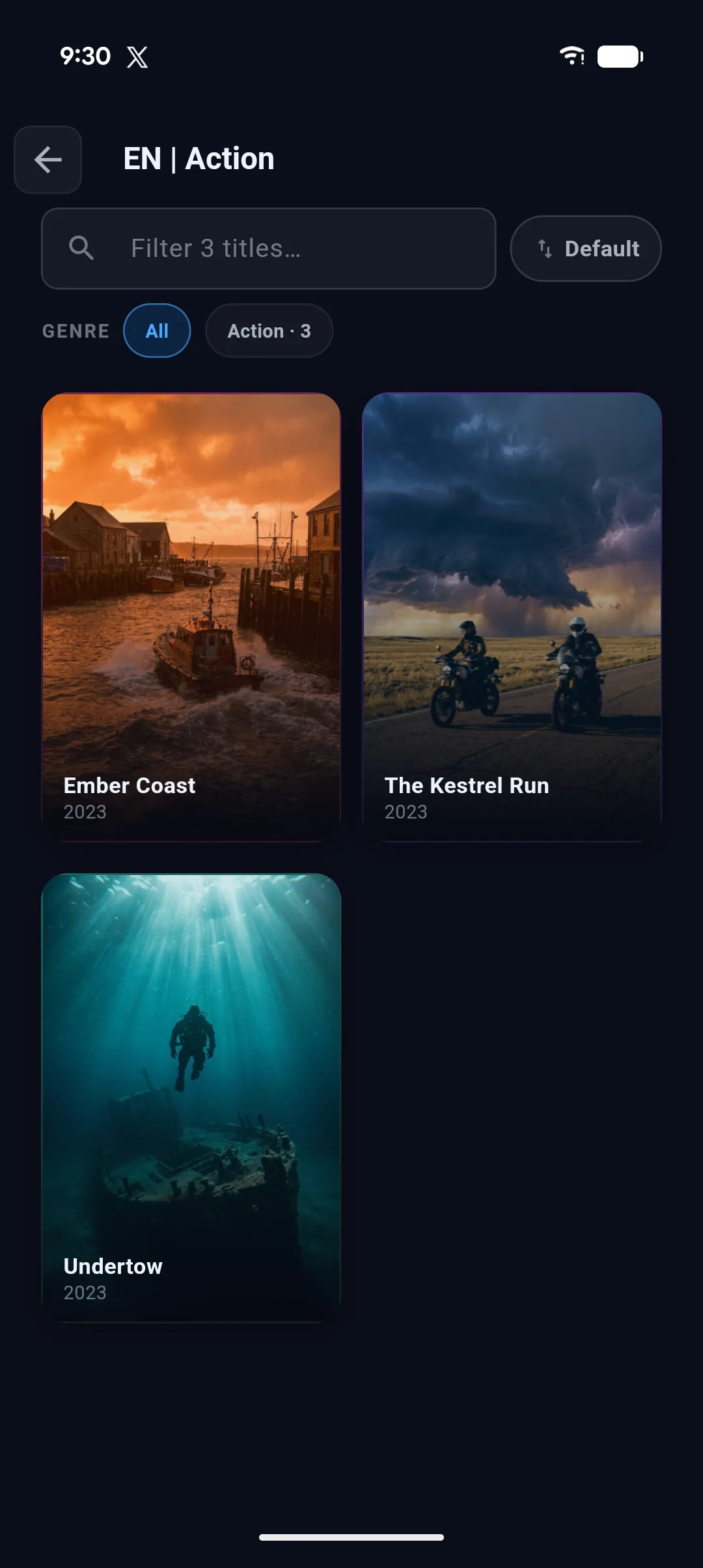 A Cobalt movie category on a phone shown as a poster grid, with a filter box, genre chips and a sort control.
