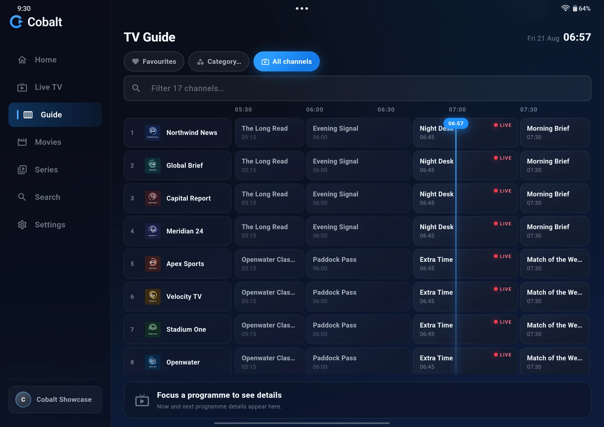 The Cobalt TV guide on an Android tablet showing a full timeline grid of channels with now, next and later programmes and live markers.