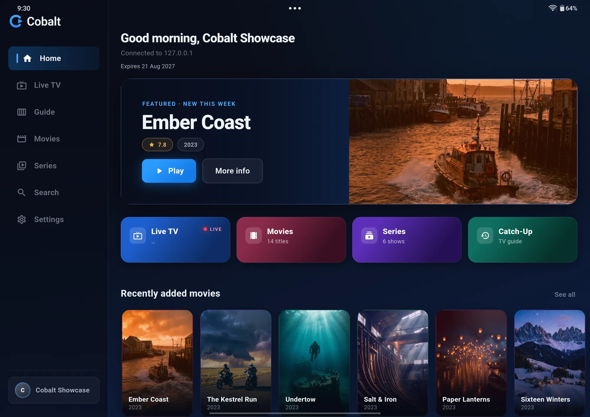 Cobalt on an Android tablet: a side navigation rail, a featured title banner, the Live TV, Movies, Series and Catch-Up cards and a recently added row.