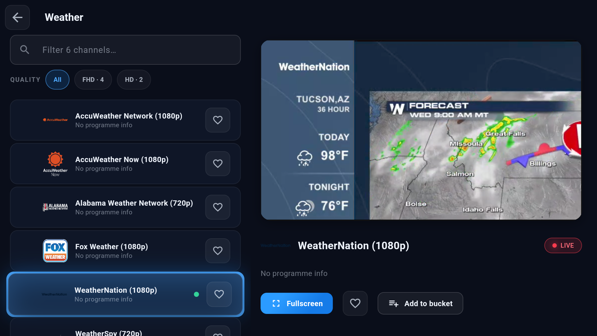 Cobalt live TV split view: a US weather channel list on the left with a channel playing live in the preview panel on the right.