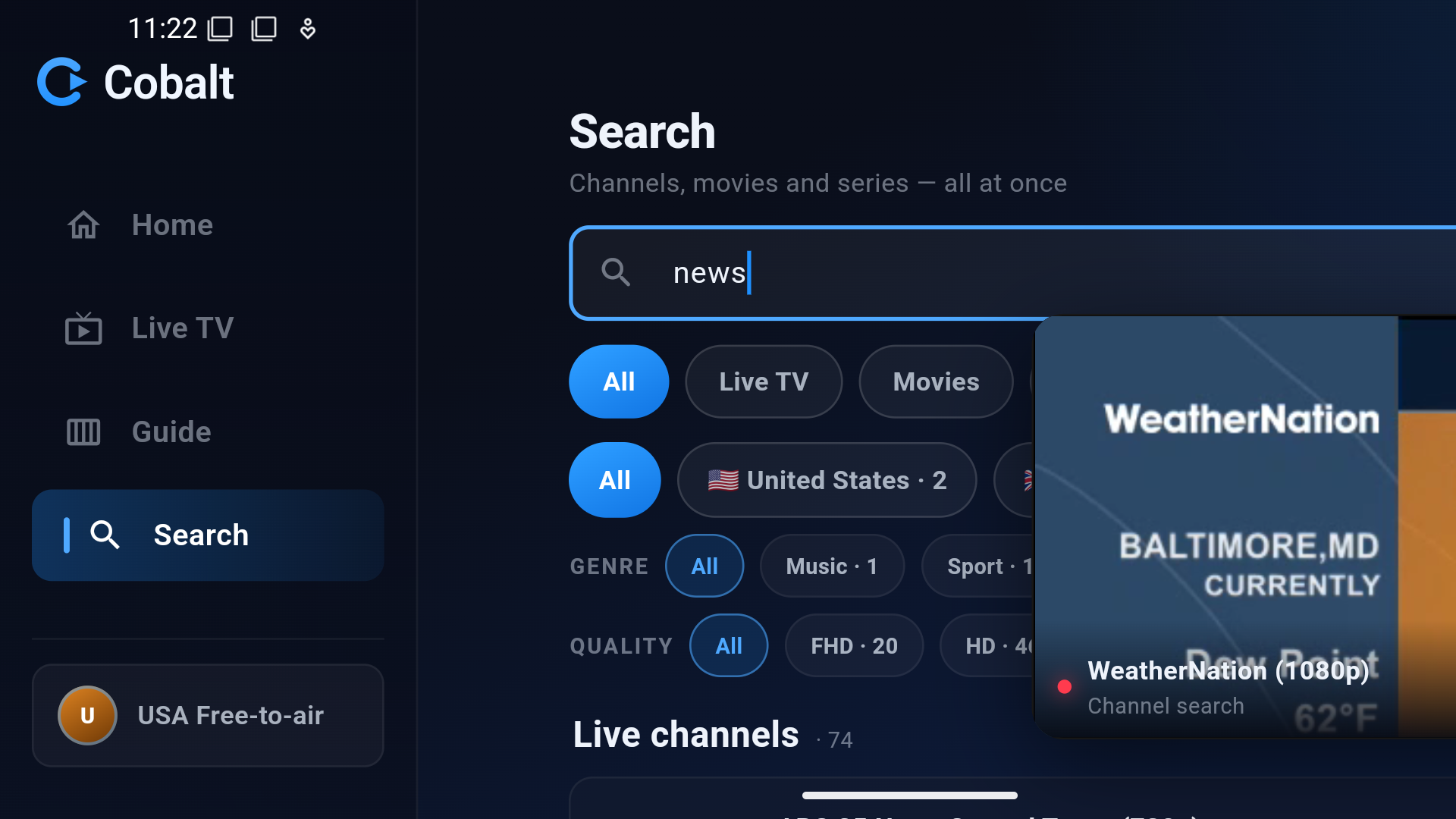 Cobalt unified search across the whole library with country, genre and quality filters.